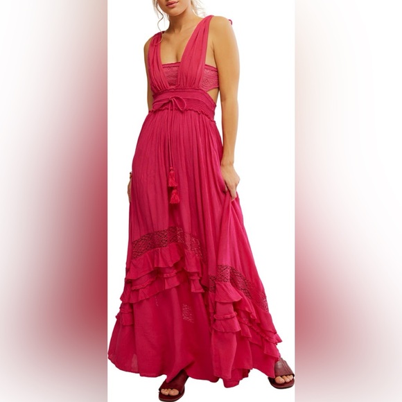 NWT Free People Santa Maria Maxi Pink Dress Size M Flow Ruffles Lace Detail - Picture 3 of 14